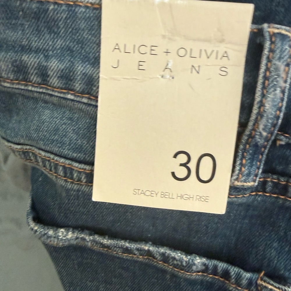 Alice + Olivia Faux Leather Patchwork High Rise Blue Flare Jeans - Picture 7 of 9